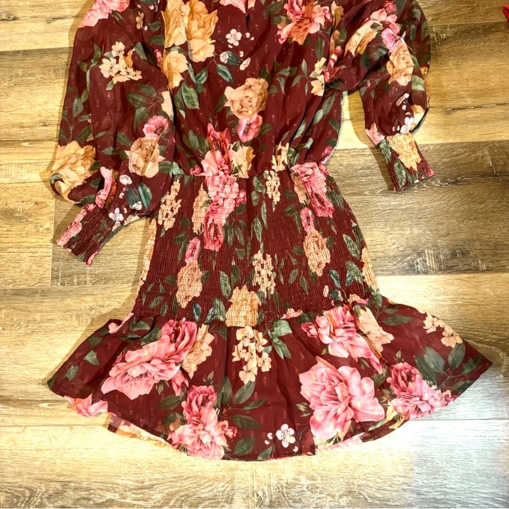 Flying Tomato Burgundy Floral Long Sleeve Dress